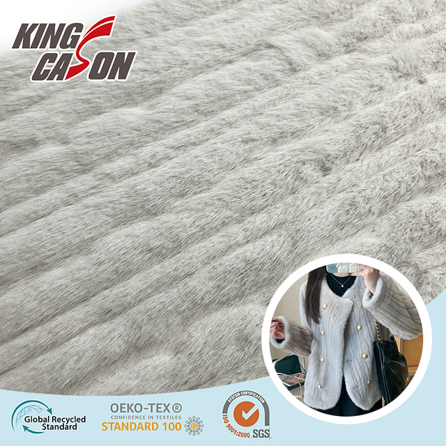Kingcason Grey Stripe Jacquard 7mm Rabbit Faux Fur Fabric
