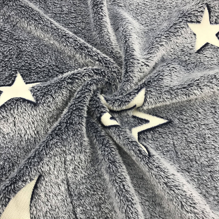 Dark Grey Star Moon Glow in The Dark Flannel Fleece Fabric 