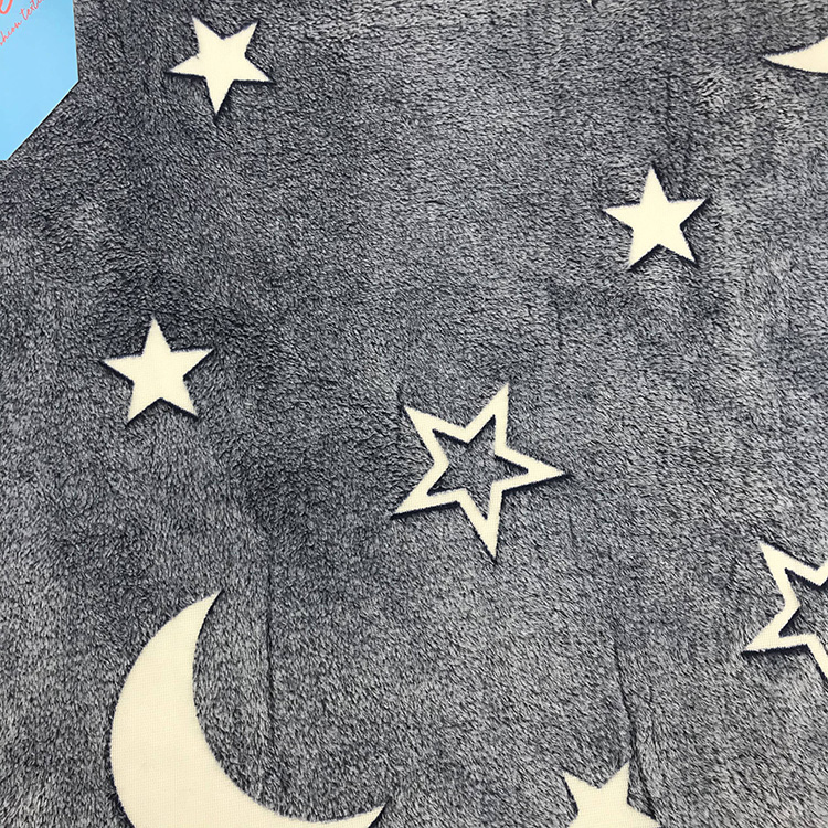 Dark Grey Star Moon Glow in The Dark Flannel Fleece Fabric 